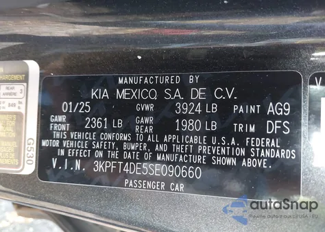 2025 Kia K4 Lx from USA, damaged, VIN 3KPFT4DE5SE090660